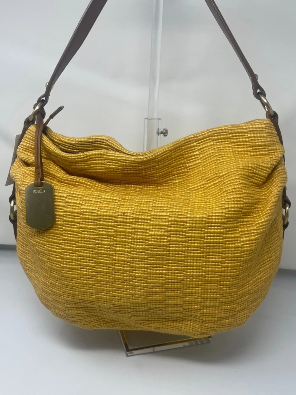 Furla Mustard yellow textured leather hobo bag